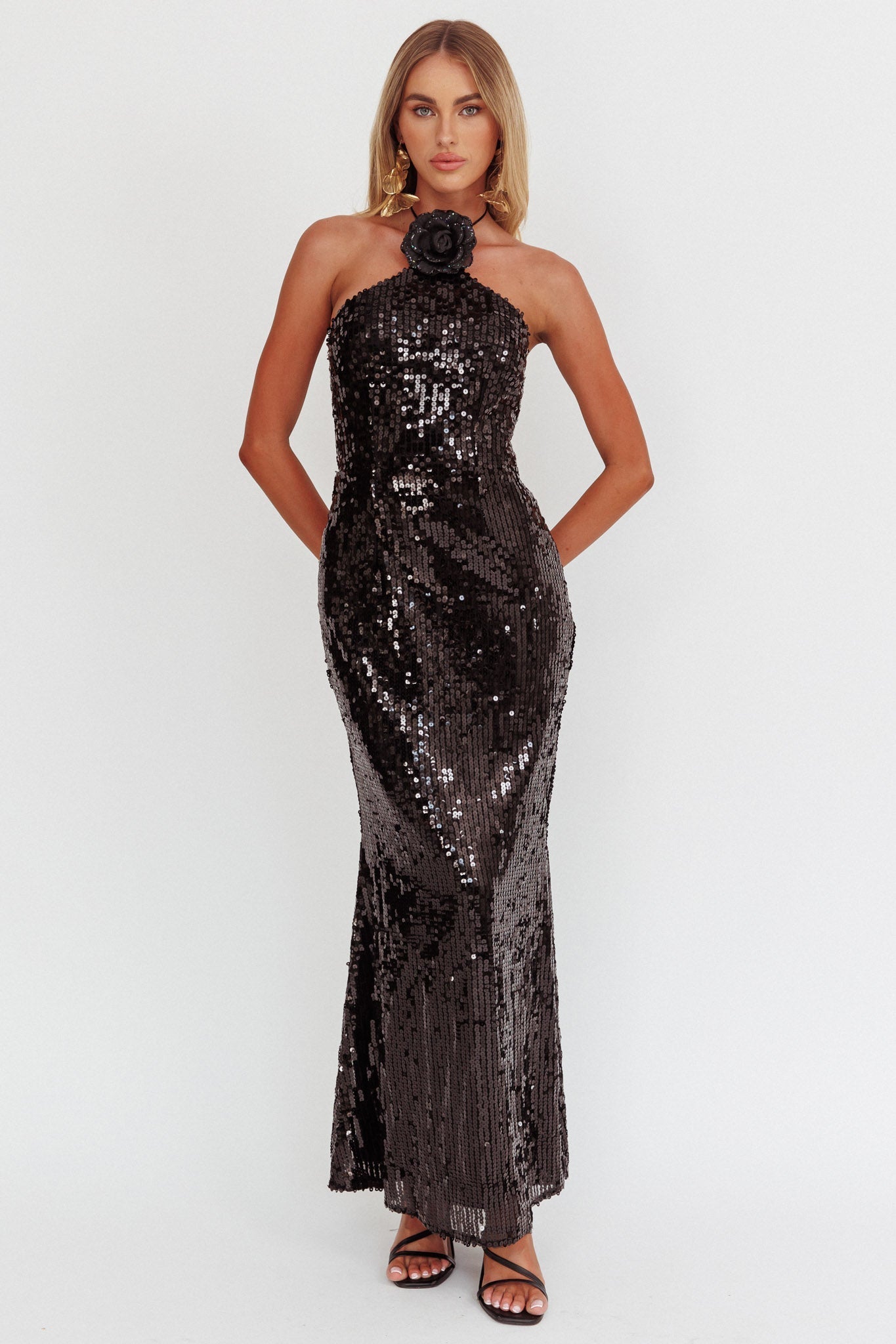 High Roller Flower Decoration Halter Dress Sequin Black
