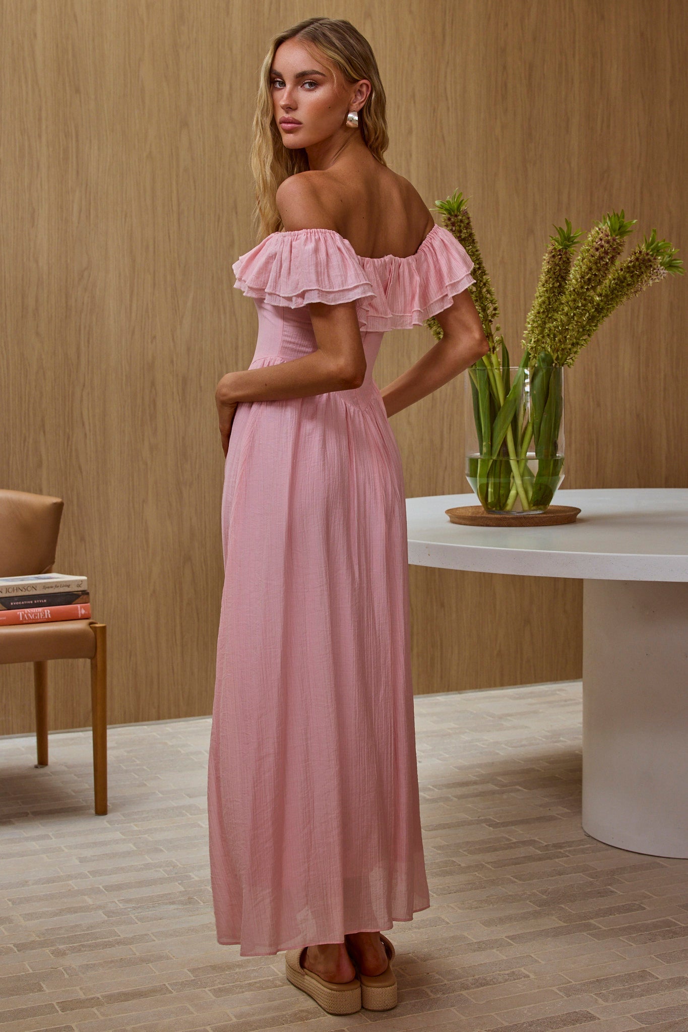 Serinah Basque Waist Off-Shoulder Maxi Dress Pink
